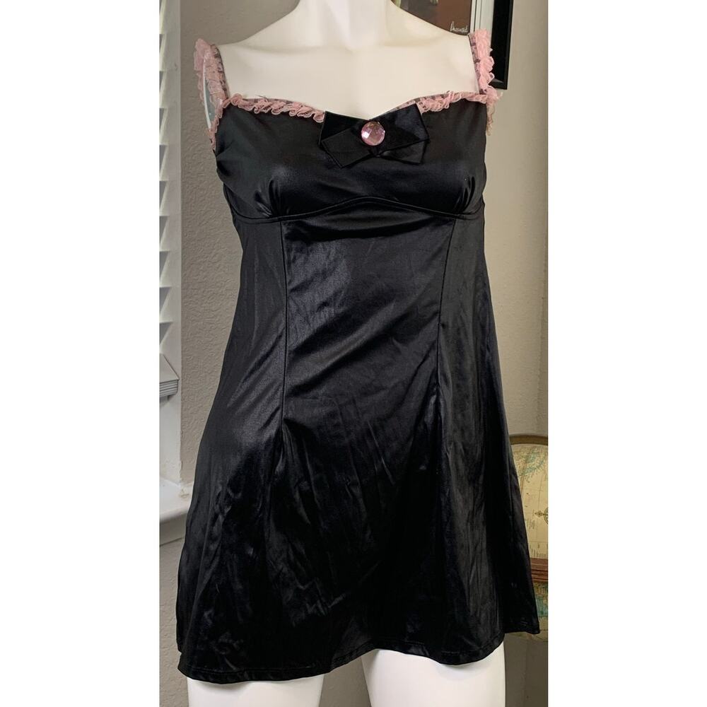 Y2K Dreamgirl Faux Leather Playboy Black Mini Dress w Pink Lace Trim Size L